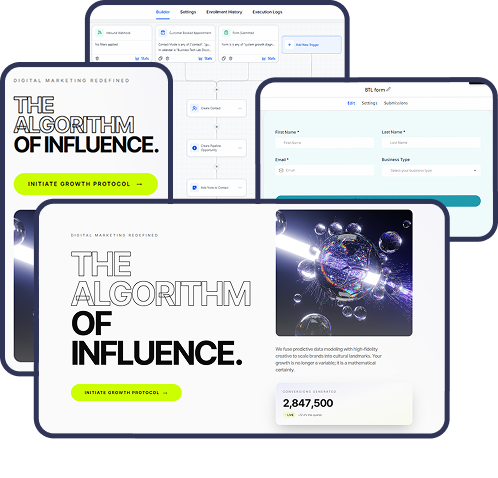 BuildRev live preview — website, lead form and dashboard mockups stacked